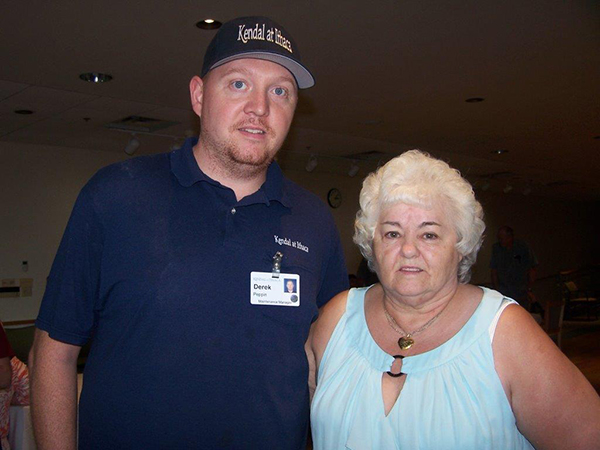 Health Care Dining Manager Betty McGrew at her recent retirement party with former employee Derek Peppin, now Maintenance Manager.