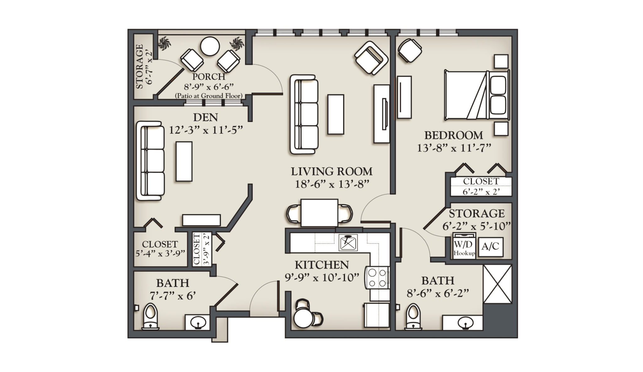 One Bedroom Apartment with Den (C) 1,000 sq. ft. Kendal at Ithaca