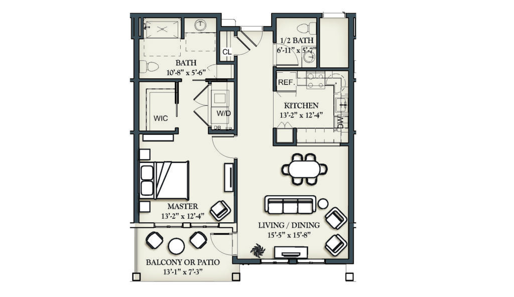 One bedroom floor plan 2G