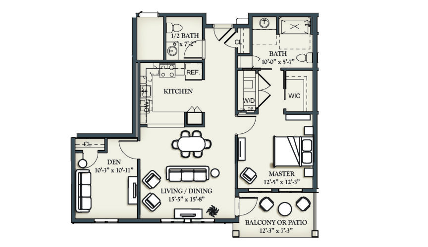 One Bedroom with Den Apartment (2G) 1,094 sq.ft. Kendal at Ithaca